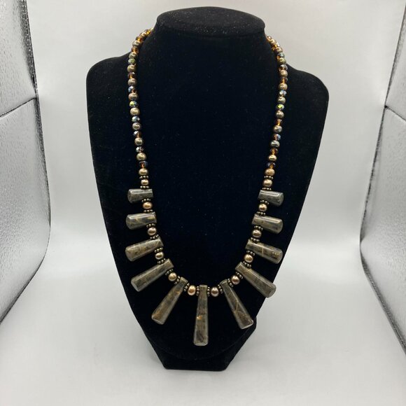 Artisan Natural Bronzite and Pearl Beaded Necklace 19 inches Handmade NEW - Picture 2 of 14